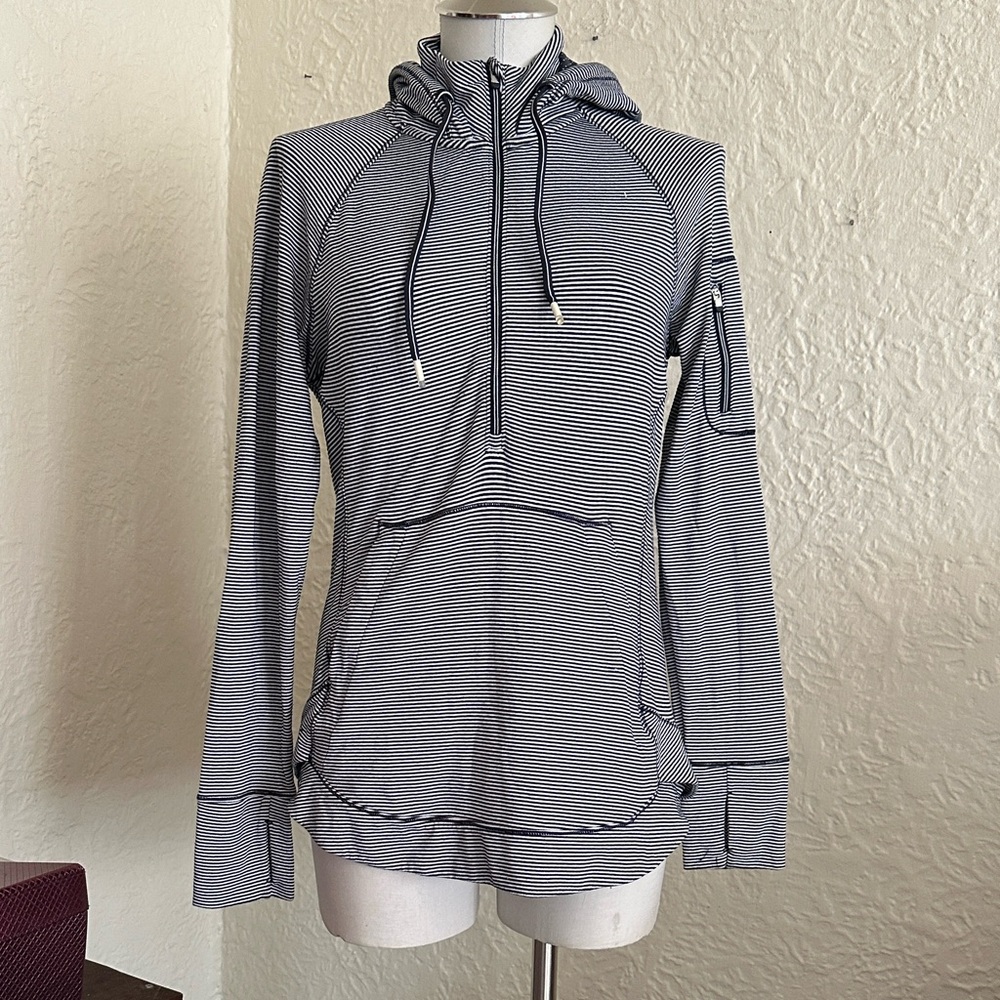 Athleta Heavenly Heights Navy Blue White Stripe Half Zip Pullover Hooded Top S